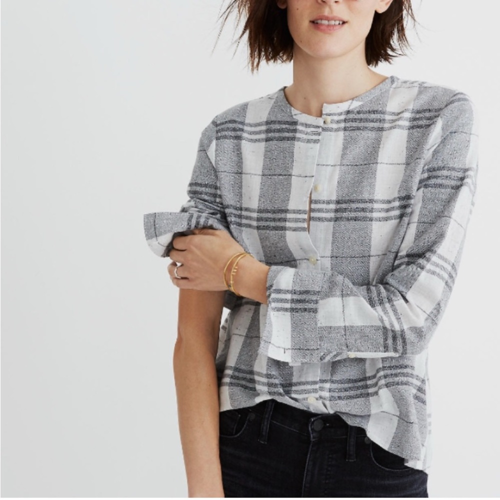 NWT Madwell Grey Plaid 100% Cotton Button Down Collarless